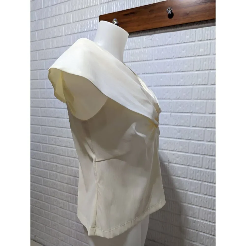 R And M Richards Vintage Women's Cream V-Neck Ruched Crossover Blouse Top Size P